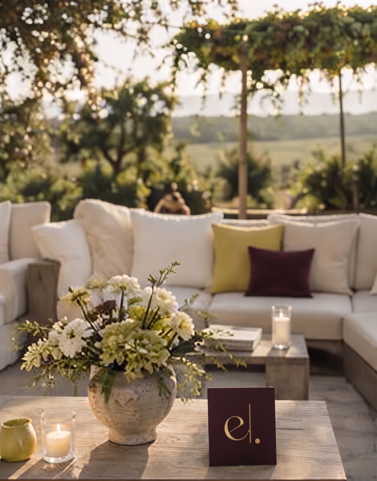 Área lounge al aire libre con sillones blancos, cojines verdes y vino, y un arreglo floral