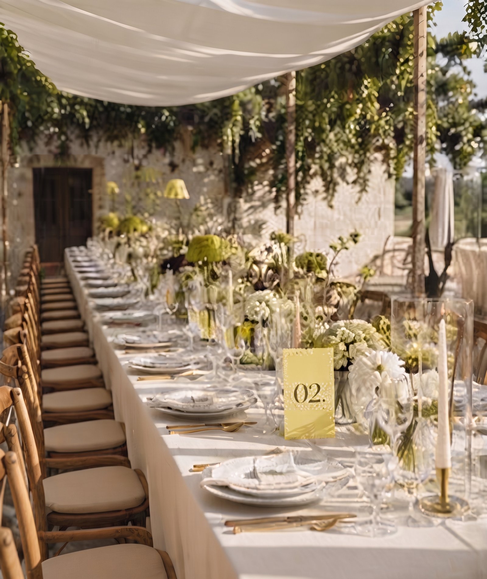 Mesa larga bajo un toldo blanco con arreglos florales en tonos verdes y velas